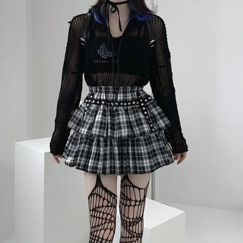 Gothic Style Plaid A-Line Empire Women Skirt with Elastic Waist and Leg Warmer Set