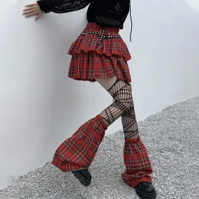 Gothic Style Plaid A-Line Empire Women Skirt with Elastic Waist and Leg Warmer Set