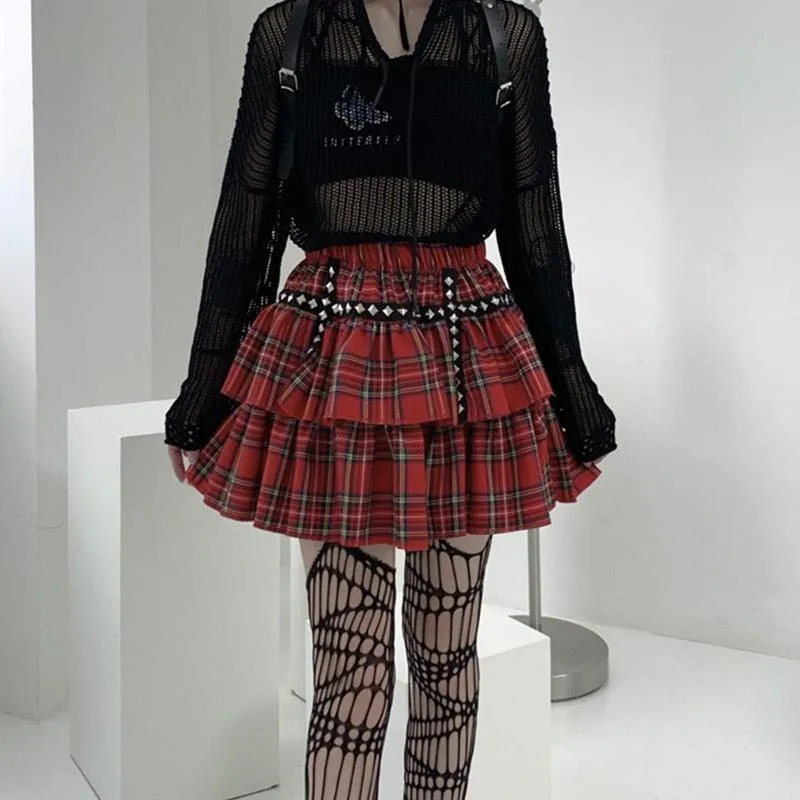 Gothic Style Plaid A-Line Empire Women Skirt with Elastic Waist and Leg Warmer Set