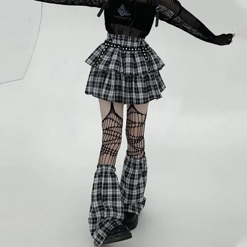 Gothic Style Plaid A-Line Empire Women Skirt with Elastic Waist and Leg Warmer Set