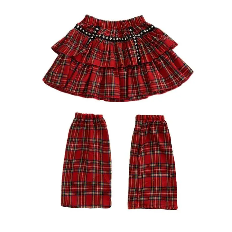 Gothic Style Plaid A-Line Empire Women Skirt with Elastic Waist and Leg Warmer Set