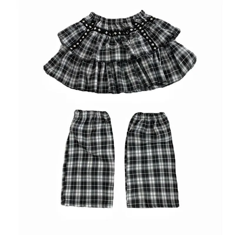 Gothic Style Plaid A-Line Empire Women Skirt with Elastic Waist and Leg Warmer Set