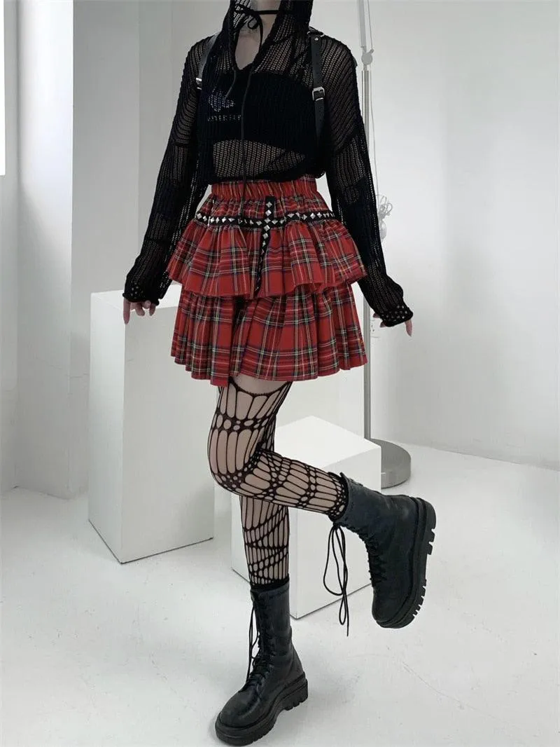 Gothic Style Plaid A-Line Empire Women Skirt with Elastic Waist and Leg Warmer Set