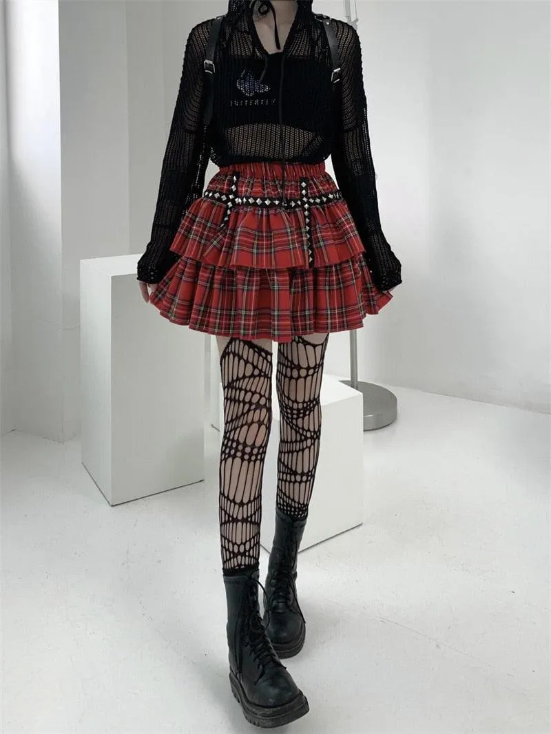 Gothic Style Plaid A-Line Empire Women Skirt with Elastic Waist and Leg Warmer Set