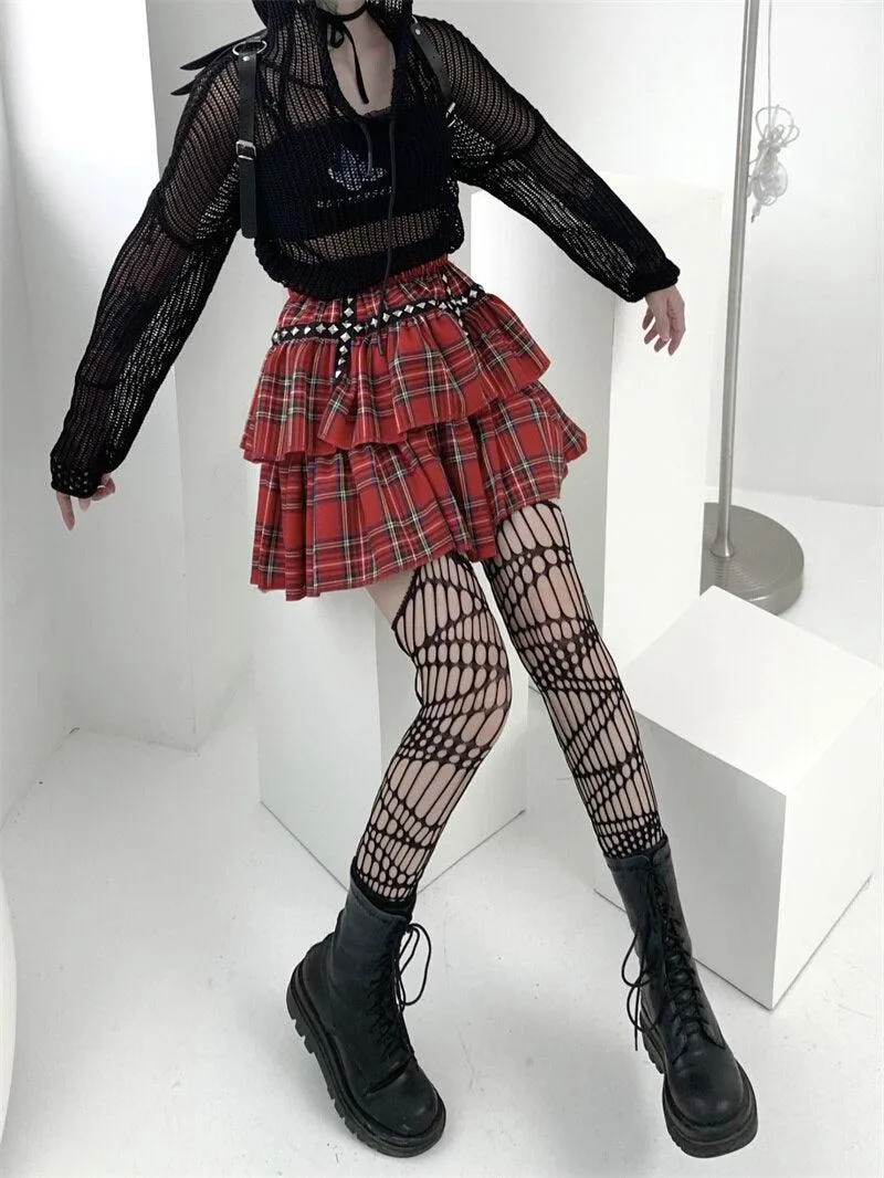 Gothic Style Plaid A-Line Empire Women Skirt with Elastic Waist and Leg Warmer Set