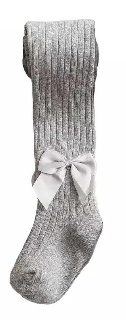 Grey ribbed cotton tights with satin bow (up to 2 years)