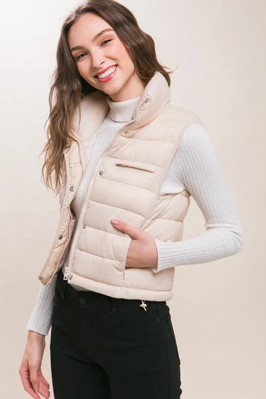 High Neck Zip Up Puffer Vest with Storage Pouch