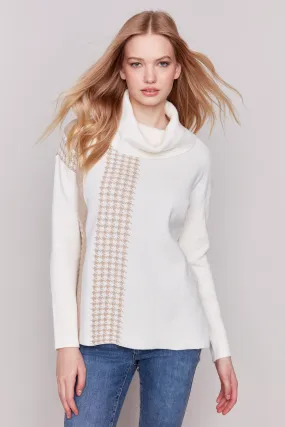 Jacquard Houndstooth Stripe Design Cowl-Neck Sweater