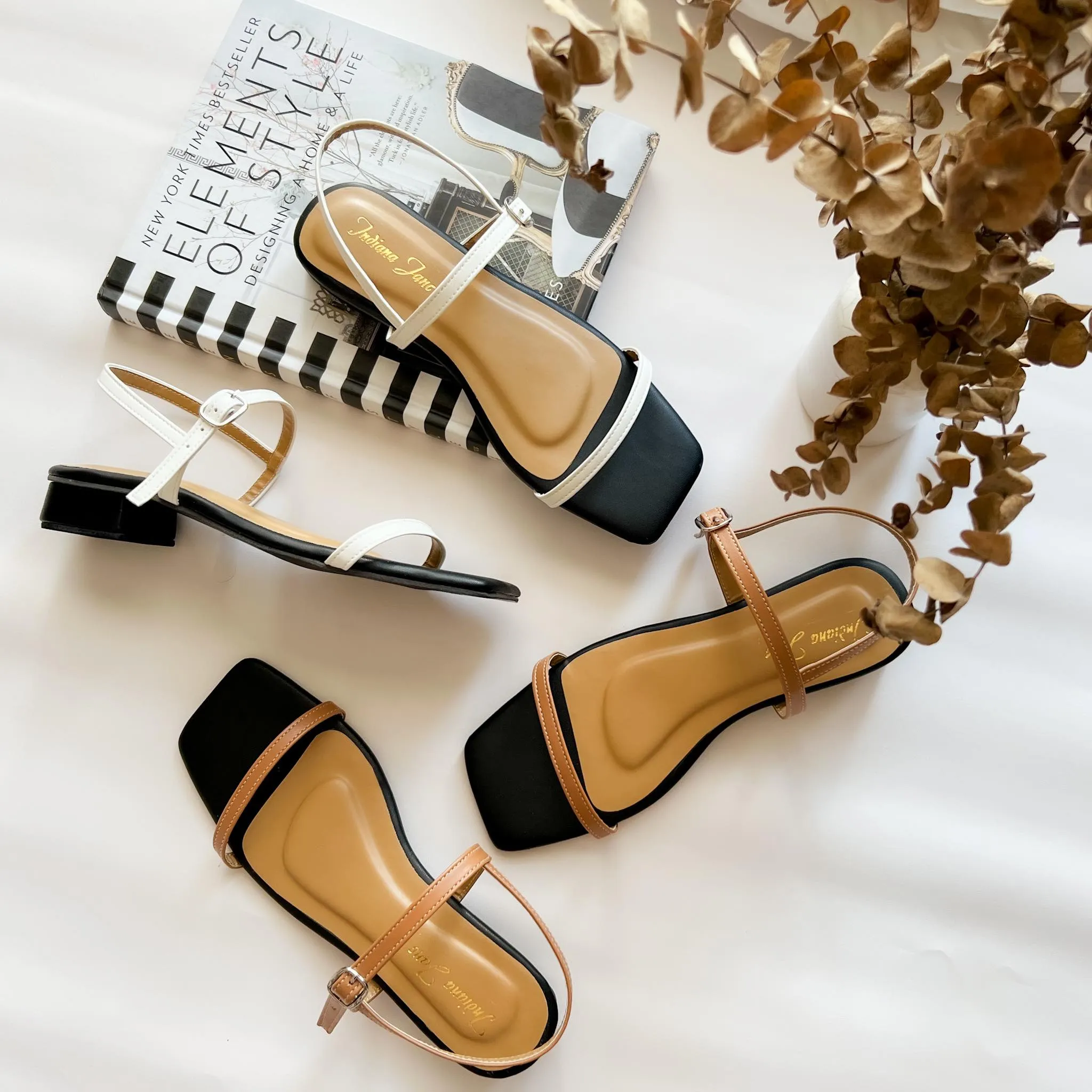 JUNO Classic Two Tone Strap 1” Heel Sandals