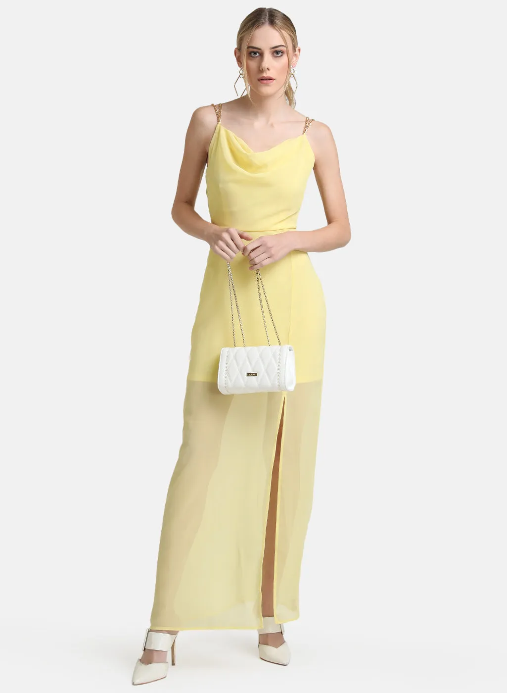 Kazo Yellow Cowl Neck Maxi Dress