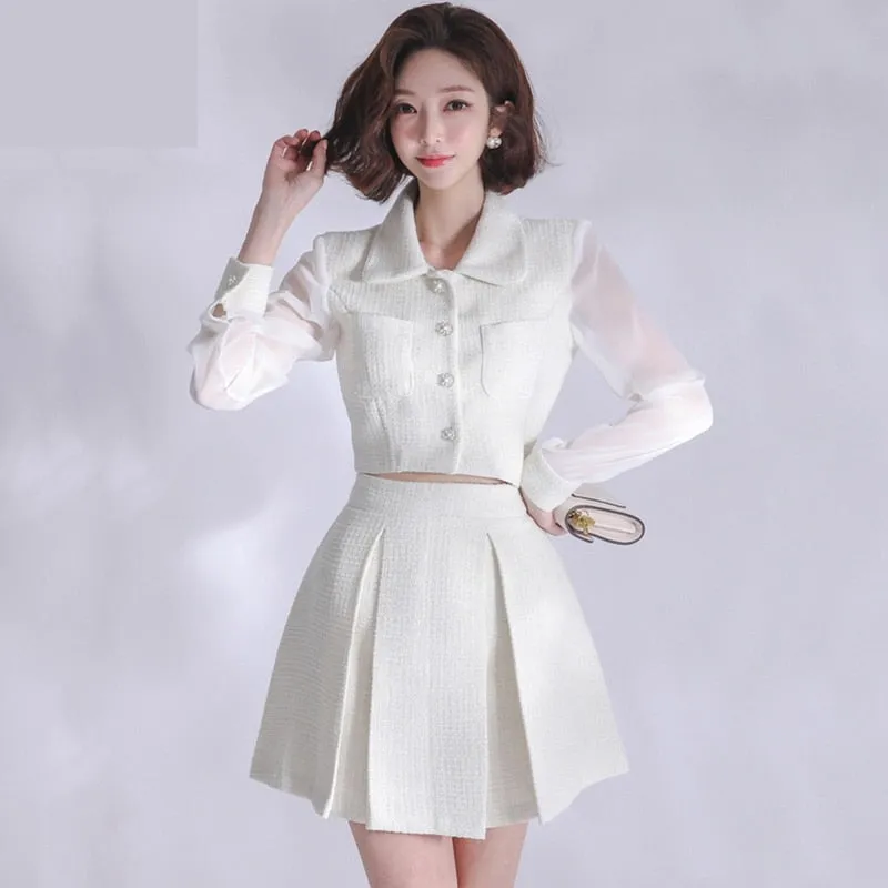 Korean Women's White Single Breasted Top Mini Skirt 2 Piece Suit Set