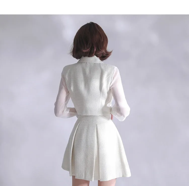 Korean Women's White Single Breasted Top Mini Skirt 2 Piece Suit Set