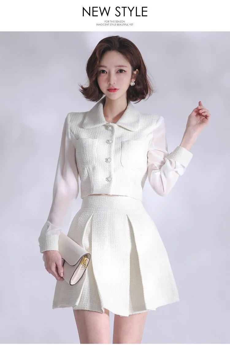 Korean Women's White Single Breasted Top Mini Skirt 2 Piece Suit Set