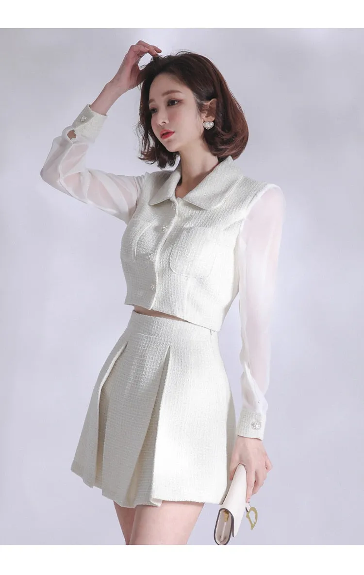 Korean Women's White Single Breasted Top Mini Skirt 2 Piece Suit Set