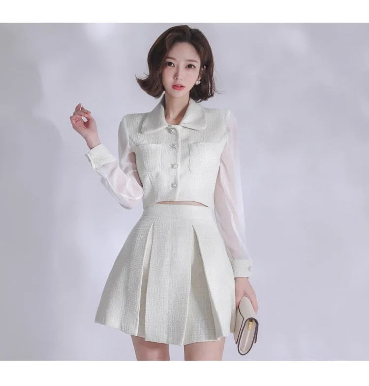 Korean Women's White Single Breasted Top Mini Skirt 2 Piece Suit Set