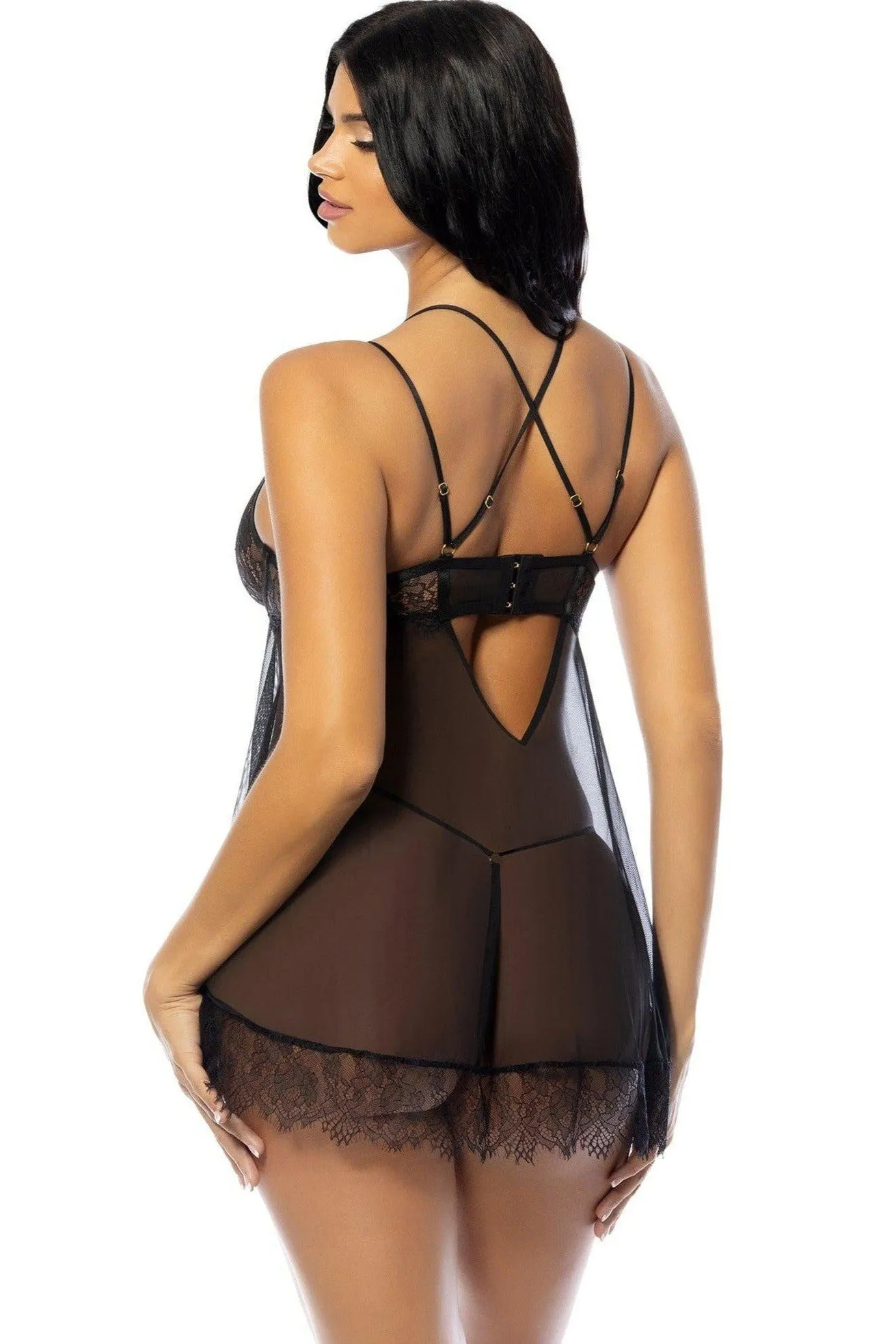 Lacy Flyaway Babydoll Set | Black