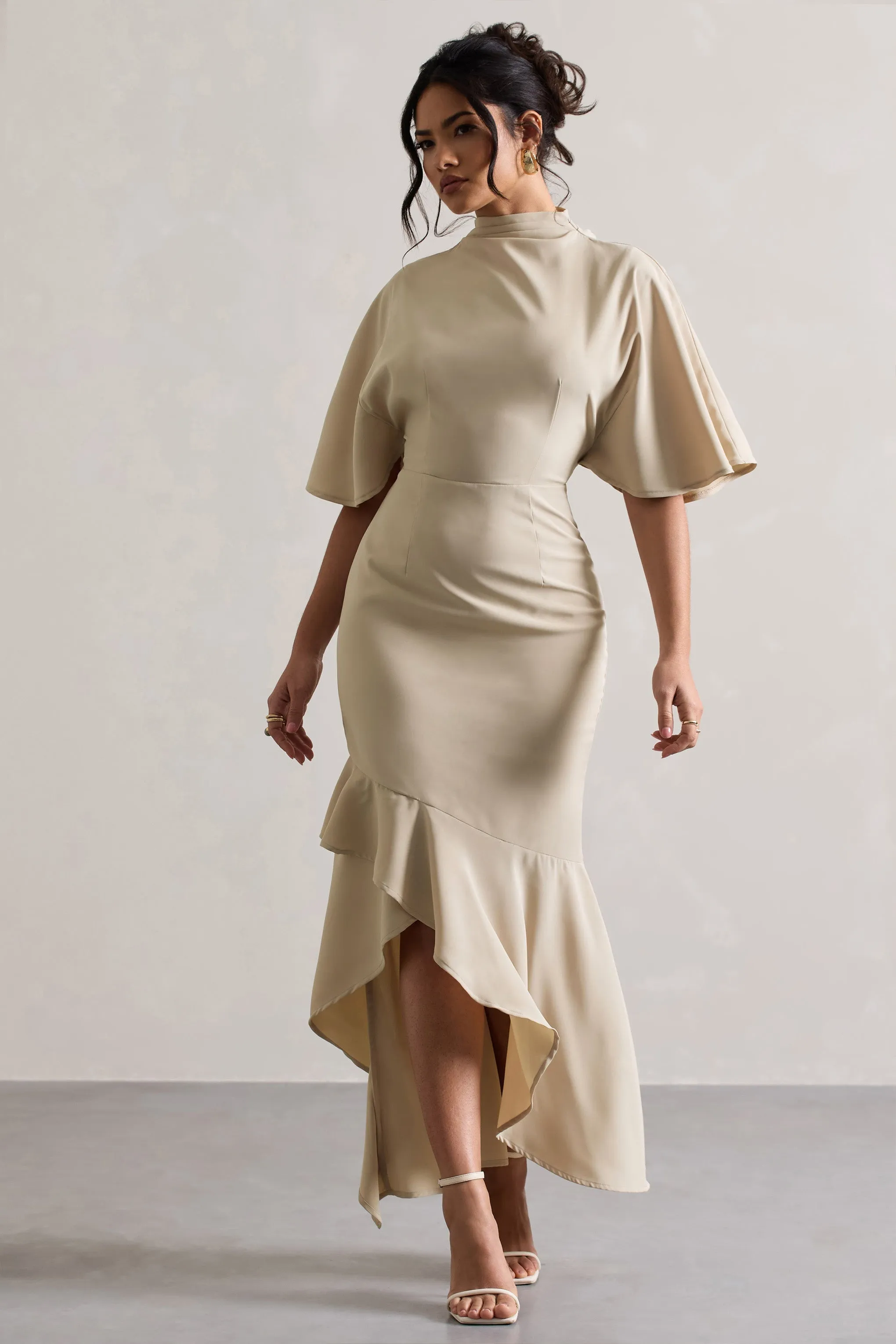 Lavinia | Champagne High-Neck Flutter-Sleeve Asymmetric Maxi Dress