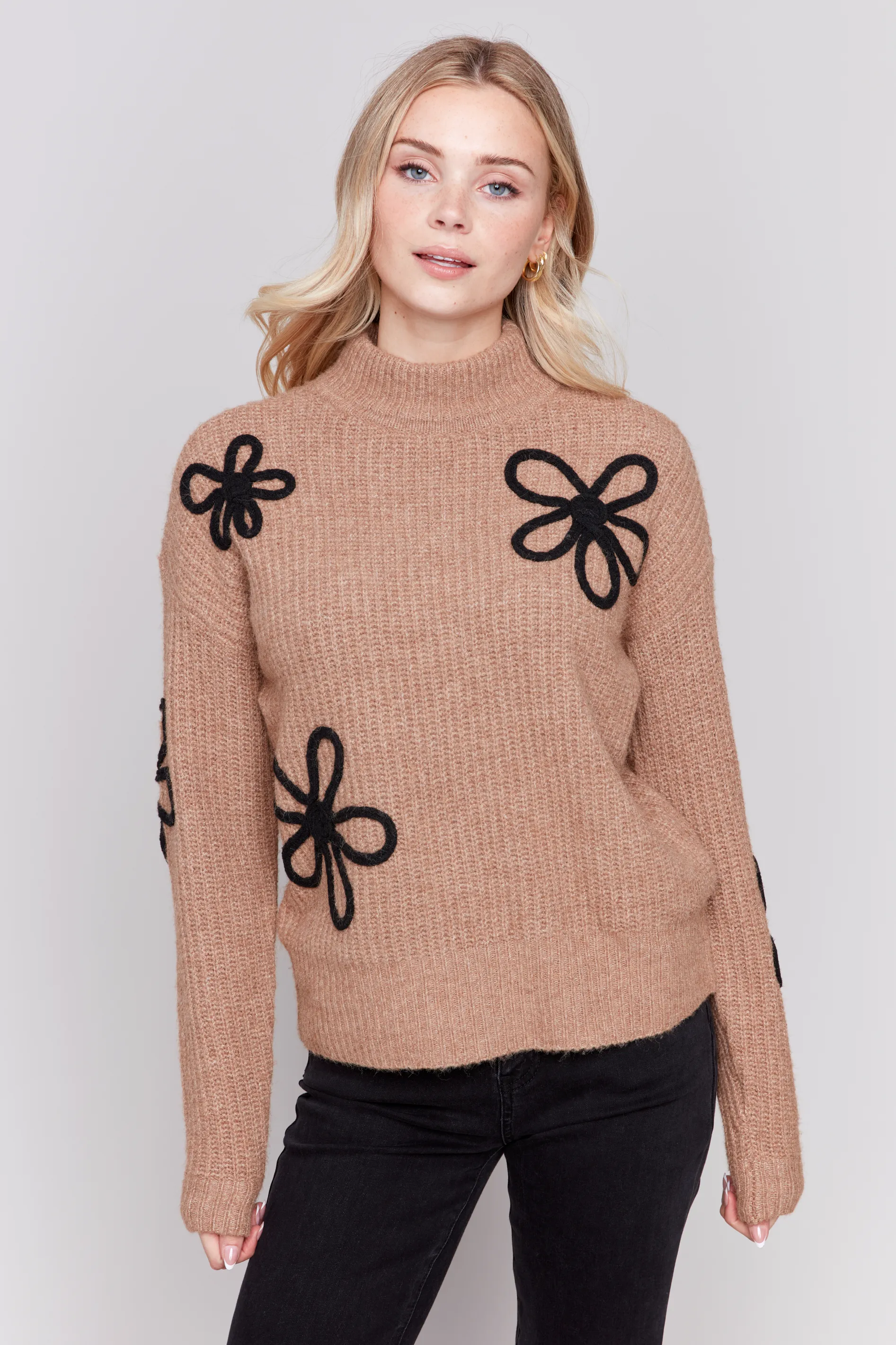 Long Sleeve Mock Neck Floral Soutache Sweater