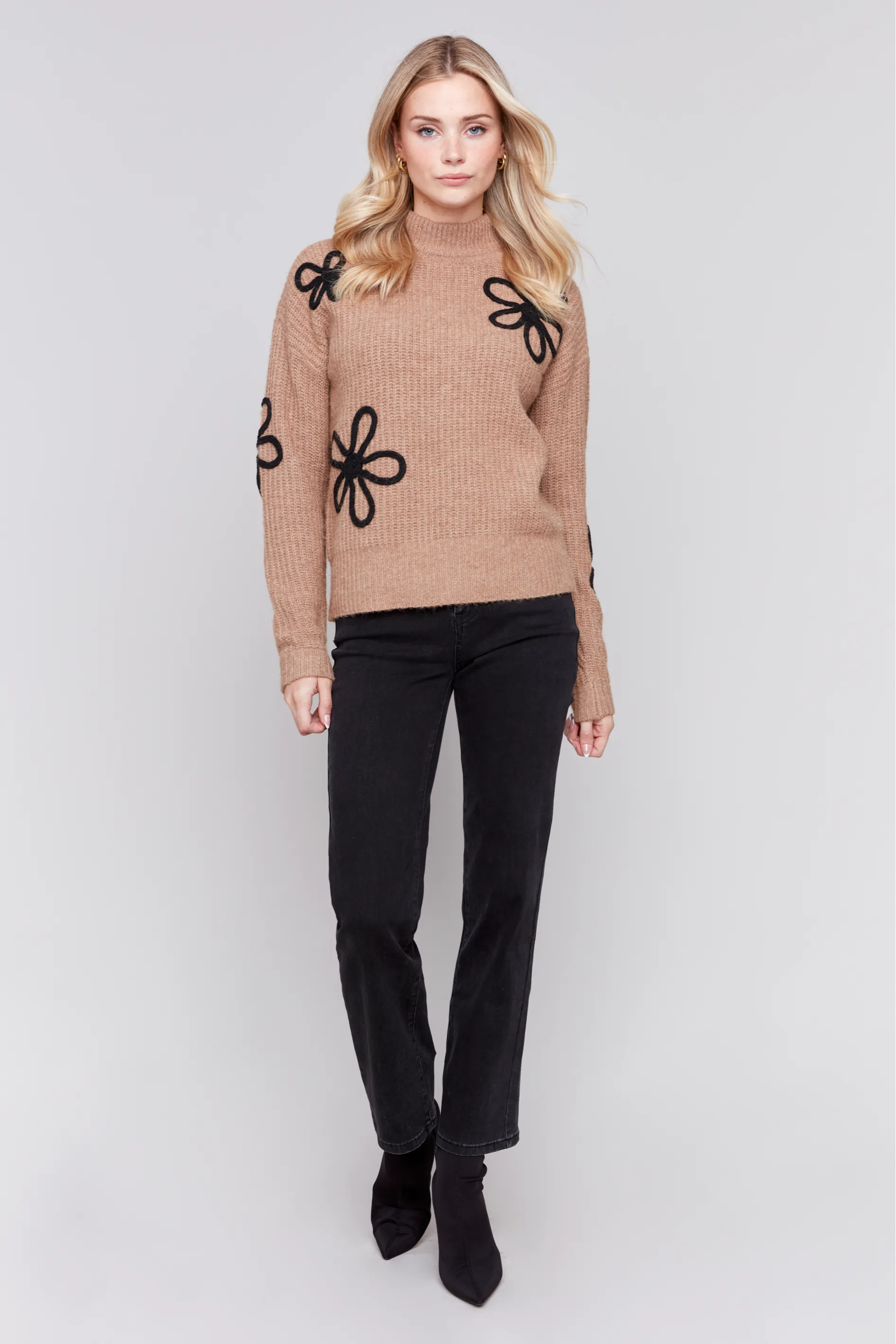 Long Sleeve Mock Neck Floral Soutache Sweater