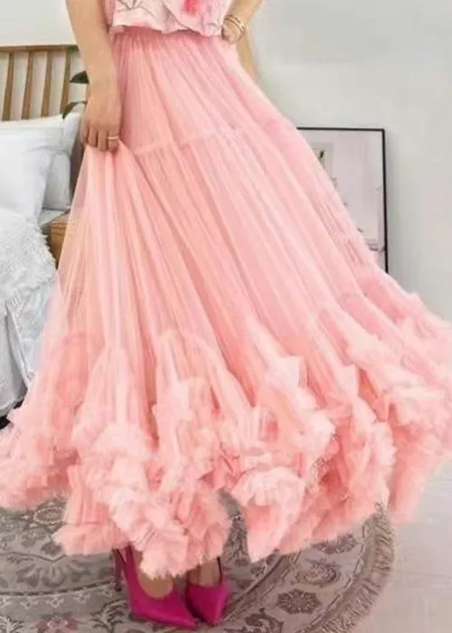 Loose Apricot Ruffled Elastic Waist Tulle Skirts Summer AB1022