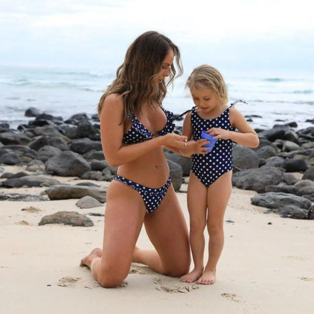 Matching Swimwear, Girls' One Piece Swimsuit, White on Navy Polka Dot