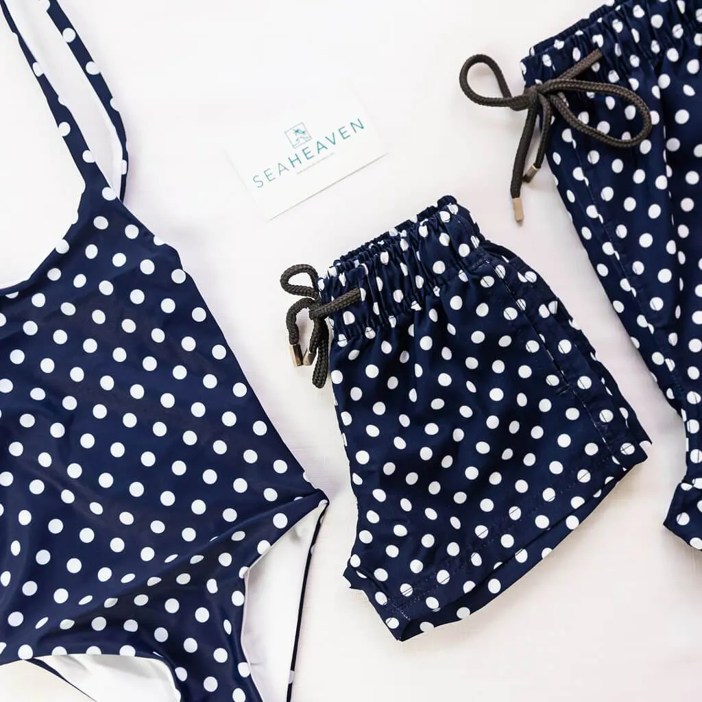 Matching Swimwear, Girls' One Piece Swimsuit, White on Navy Polka Dot