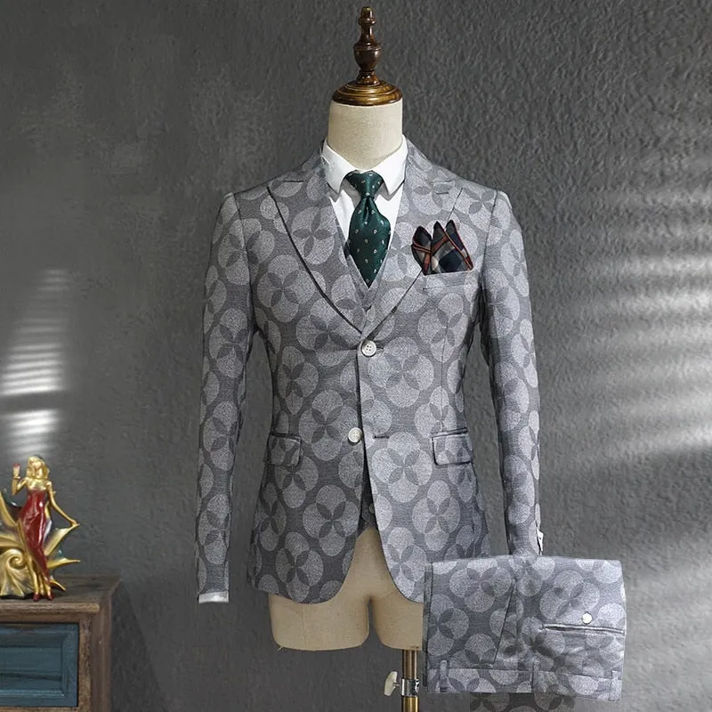 Men's British Style Pattern Print Skinny Fit Blazer Vest Pants 3 Piece Suit