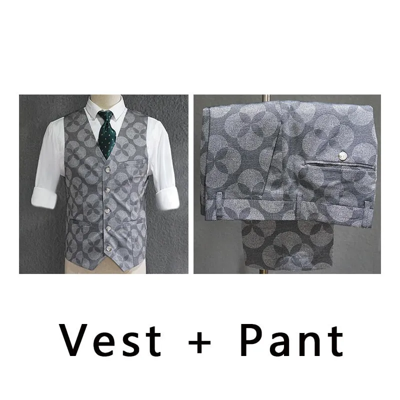 Men's British Style Pattern Print Skinny Fit Blazer Vest Pants 3 Piece Suit