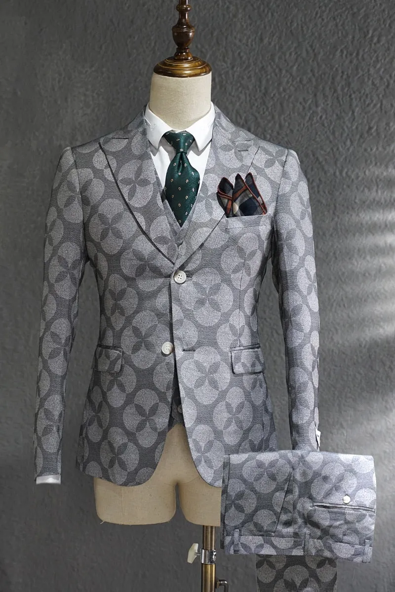 Men's British Style Pattern Print Skinny Fit Blazer Vest Pants 3 Piece Suit