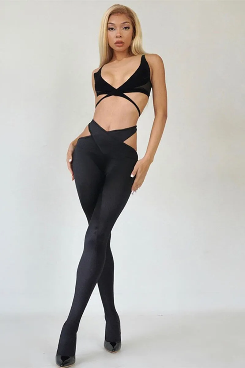 Mesh V Neck Top And Cut Out Pants Set