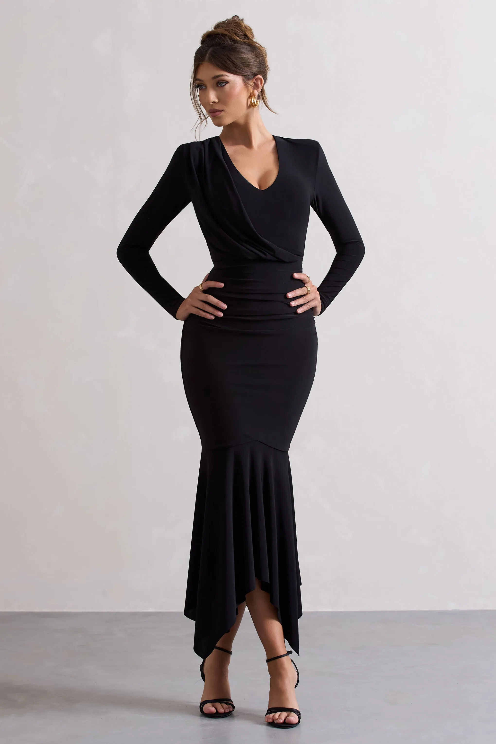 Milena | Black Plunge-Neck Maxi Dress With Draped Hem