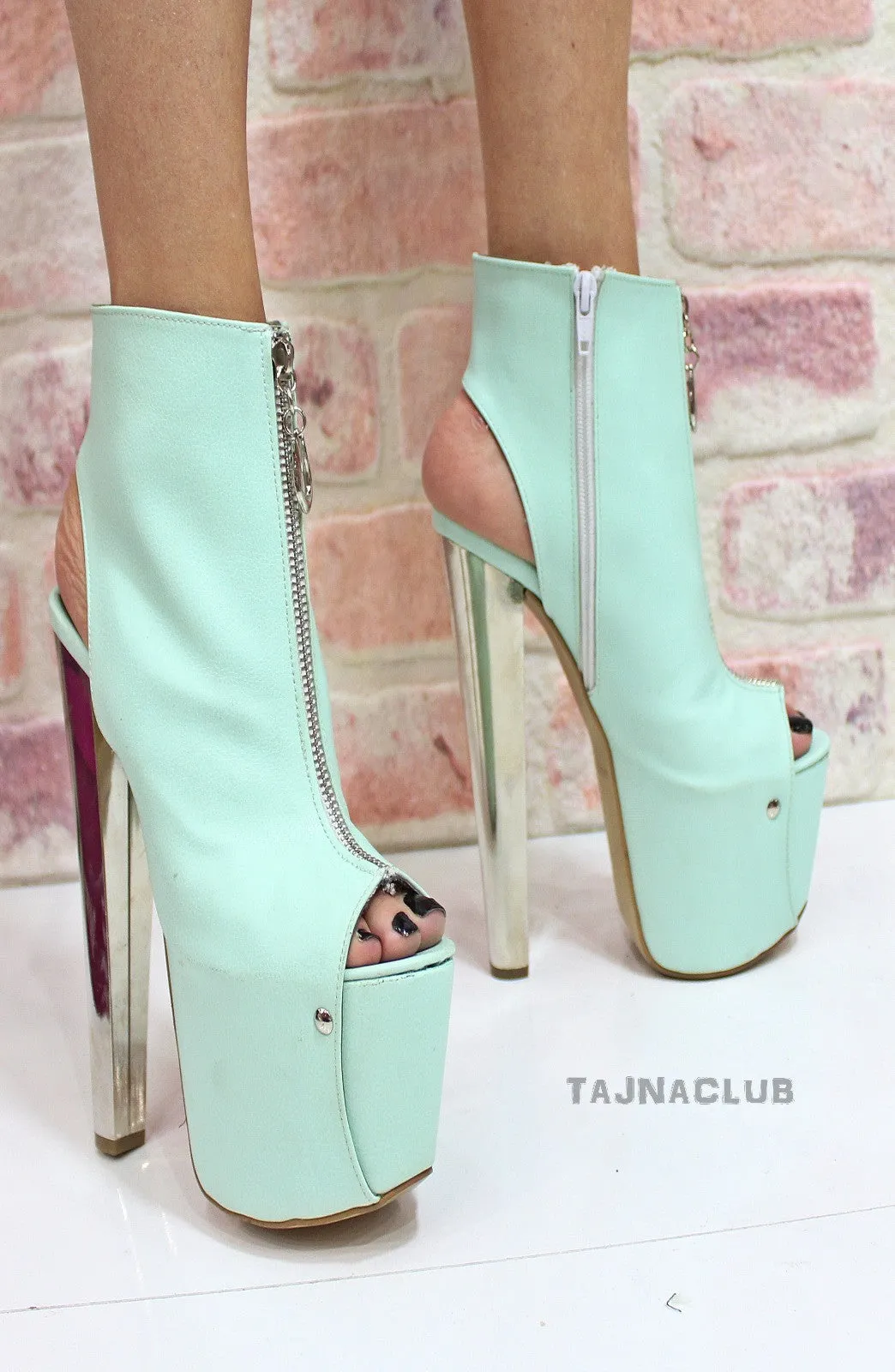 Mint Zipper Peep toe Metallic 20 cm Platform High Heels