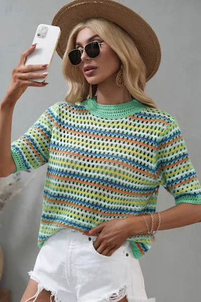 Miss Sparkling Multi Color Stripe Crocheted Sweater