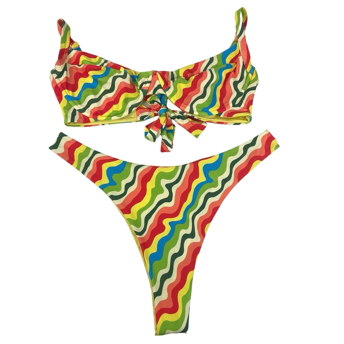 Monday Swimwear Multicolor Wave Retro Front Tie Two Piece Bikini Set Size L