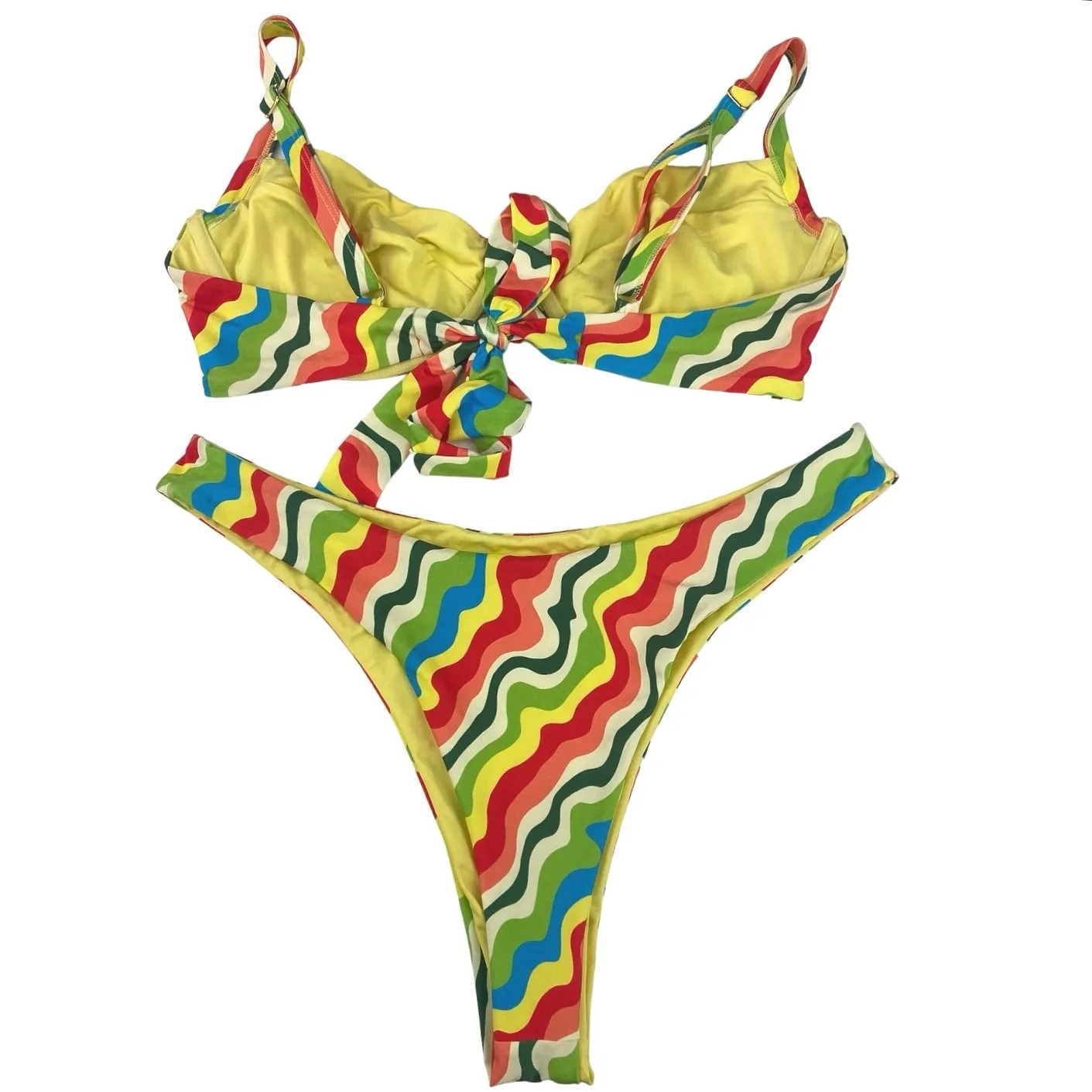 Monday Swimwear Multicolor Wave Retro Front Tie Two Piece Bikini Set Size L