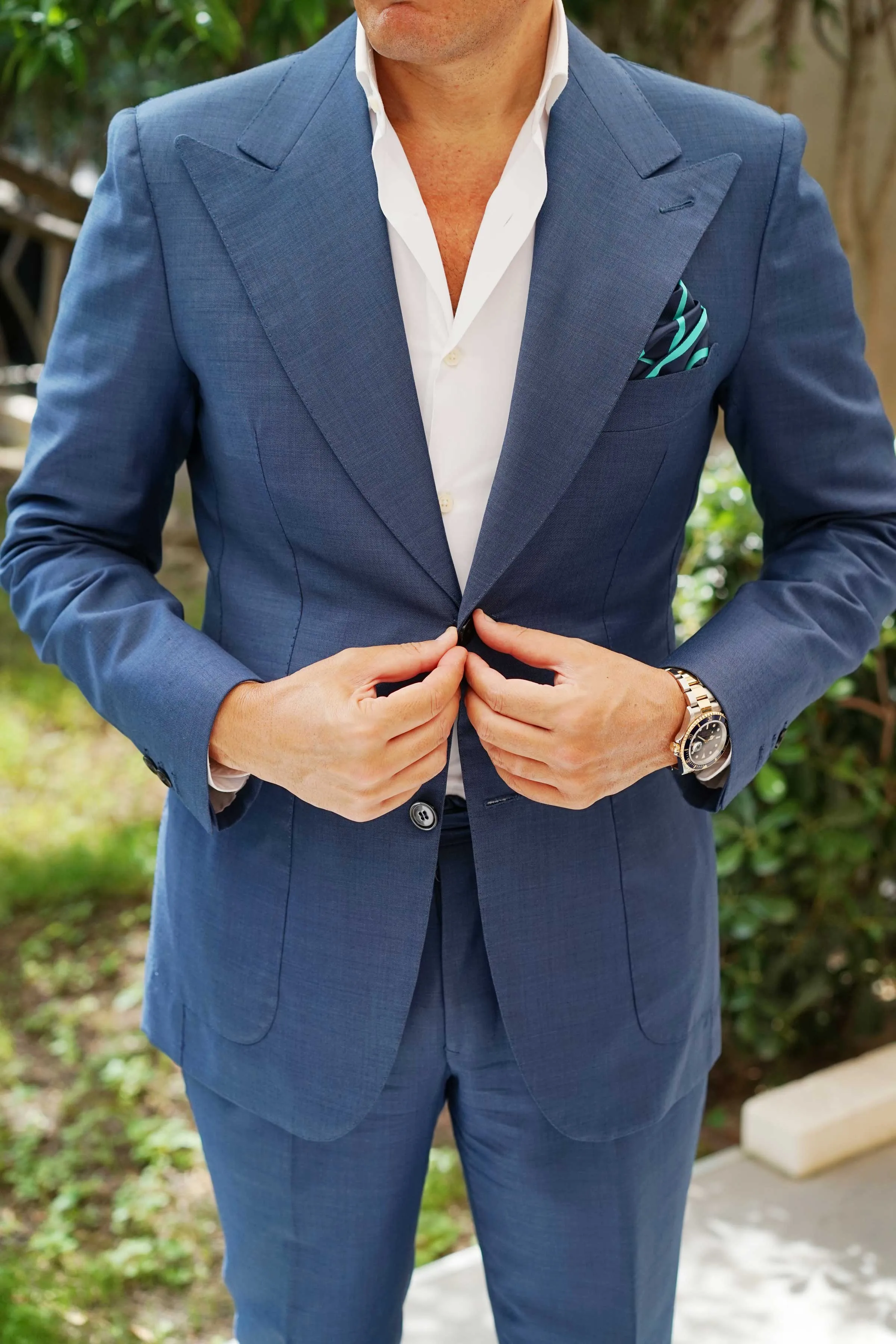 Navy Blue Pocket Square with Striped Aqua Green