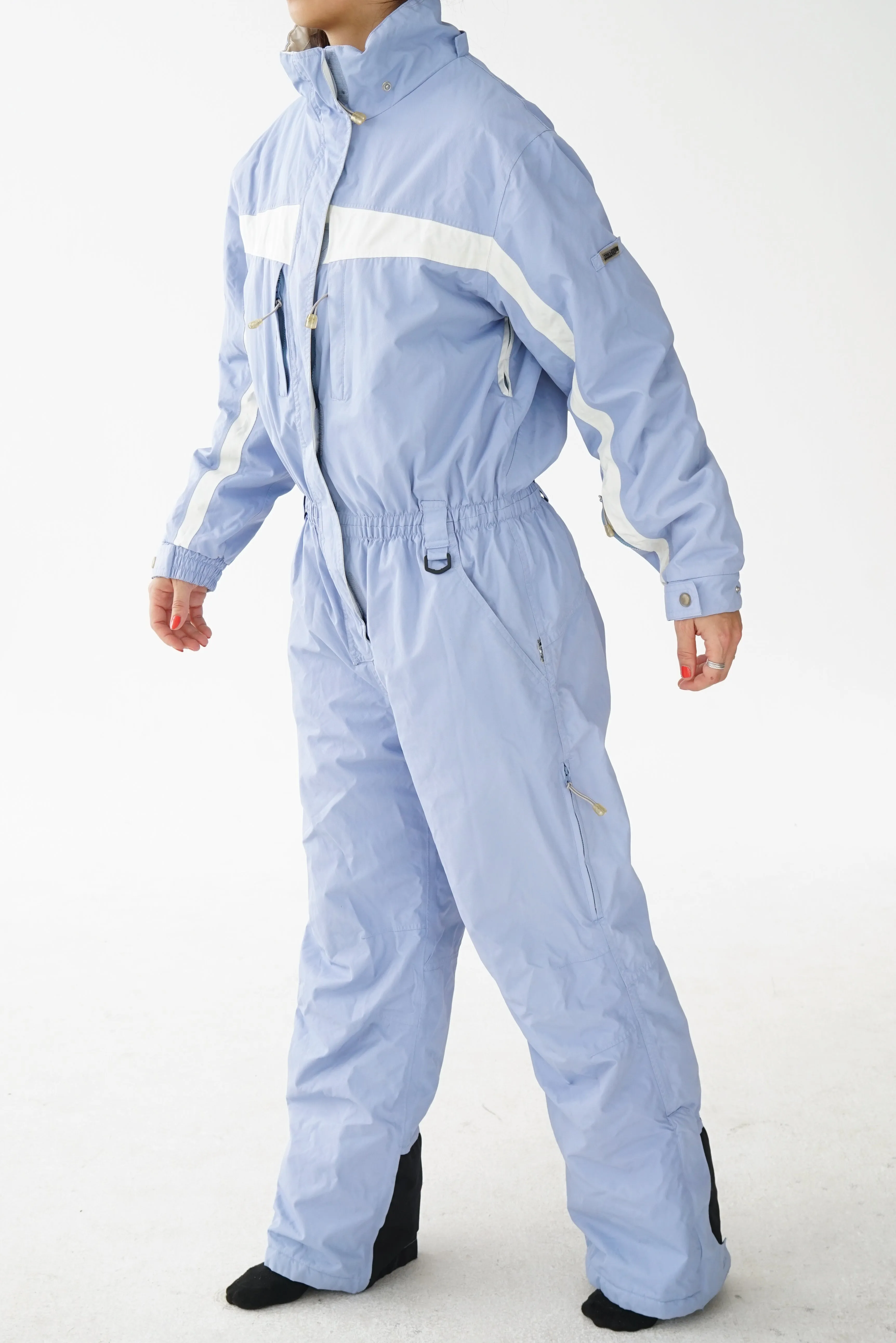 One piece vintage Trespass ski suit snow suit bleu poudre avec accent blanc pour enfant (XL)