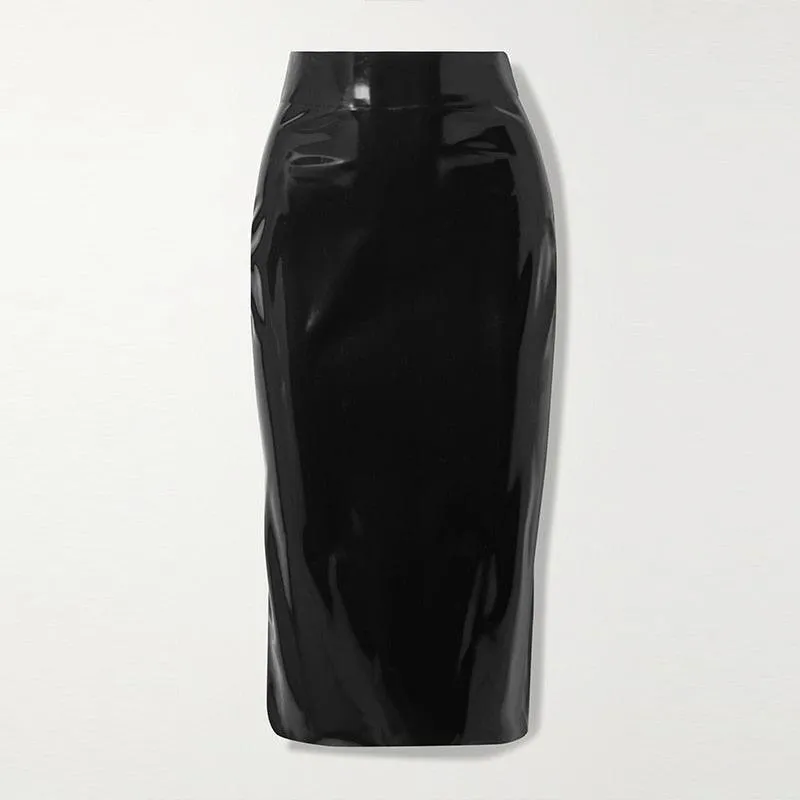 Patent Leather Full Zip Shiny Lady High Waist Knee Length Midi Skirt