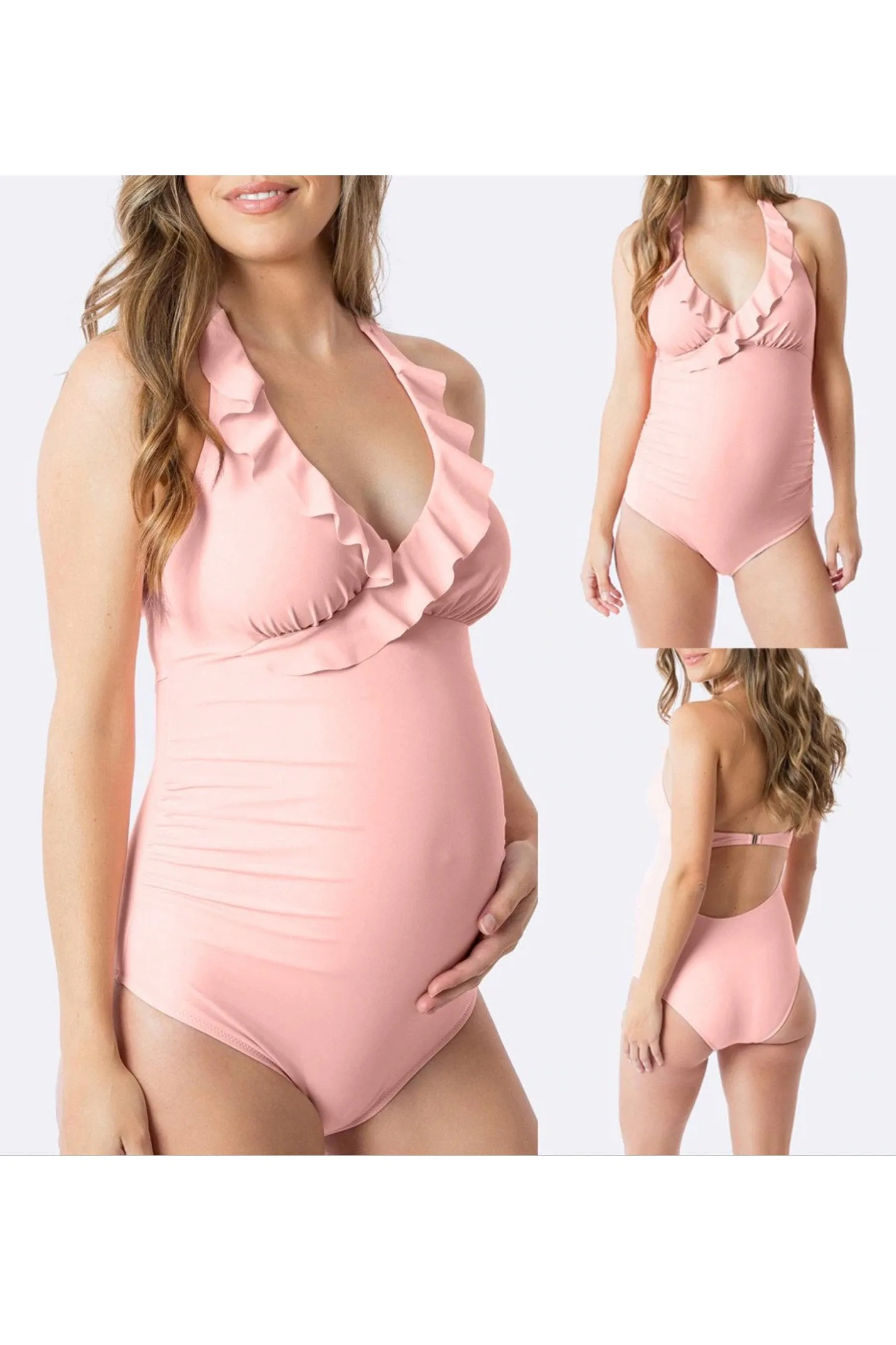 Peachy Ruffled Halter Maternity Swimwear