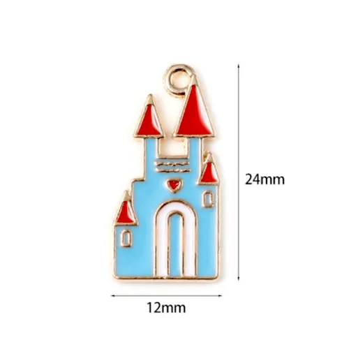 Pendants, Castle, Fairy Tale, Single-Sided, Blue, Enameled, Light Gold Alloy, 24mm