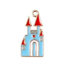 Pendants, Castle, Fairy Tale, Single-Sided, Blue, Enameled, Light Gold Alloy, 24mm