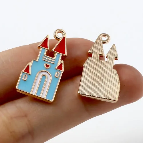 Pendants, Castle, Fairy Tale, Single-Sided, Blue, Enameled, Light Gold Alloy, 24mm