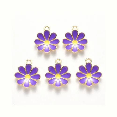 Pendants, Daisy, Flower, Single-Sided, Violet, Enameled, Light Gold Plated, Alloy, 19mm