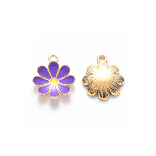 Pendants, Daisy, Flower, Single-Sided, Violet, Enameled, Light Gold Plated, Alloy, 19mm