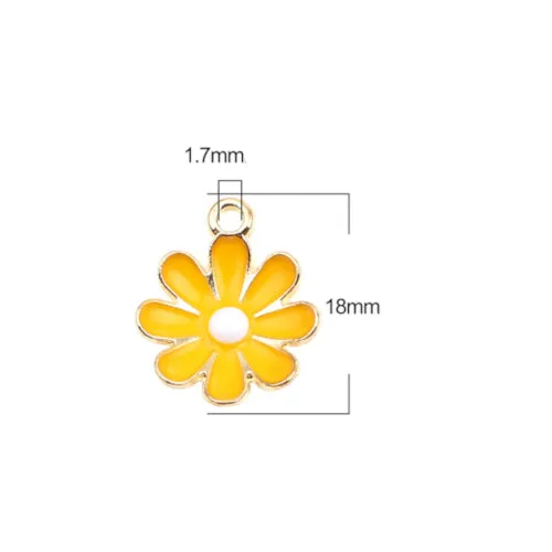 Pendants, Daisy, Flower, Single-Sided, Yellow, Enameled, Gold Plated, Alloy, 18mm