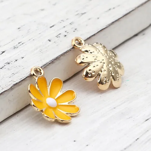 Pendants, Daisy, Flower, Single-Sided, Yellow, Enameled, Gold Plated, Alloy, 18mm