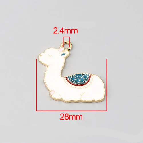 Pendants, Llama, Alpaca, Single-Sided, Blue, Enameled, Light Gold Alloy, 28mm