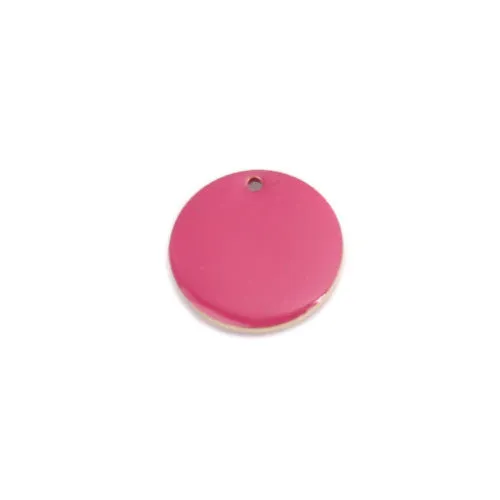 Pendants, Round, Flat, Double-Sided, Rose Pink, Enameled, Gold Plated, Brass, 16mm