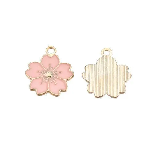 Pendants, Sakura Flower, Single-Sided, Misty Rose, Enameled, Light Gold Plated, Alloy, 20.5mm