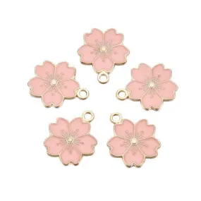 Pendants, Sakura Flower, Single-Sided, Misty Rose, Enameled, Light Gold Plated, Alloy, 20.5mm